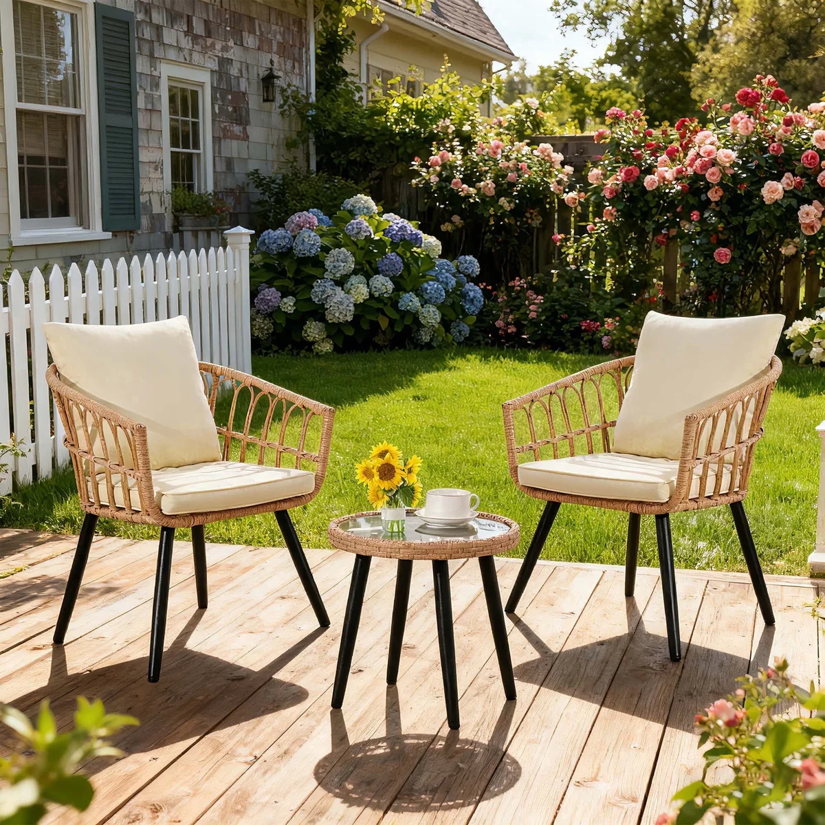 Ainfox 3-Piece Outdoor Wicker Bistro Set, All-Weather Rattan Chairs with Washable Cushions and Tempered Glass Table, Beige & Yellow 3728