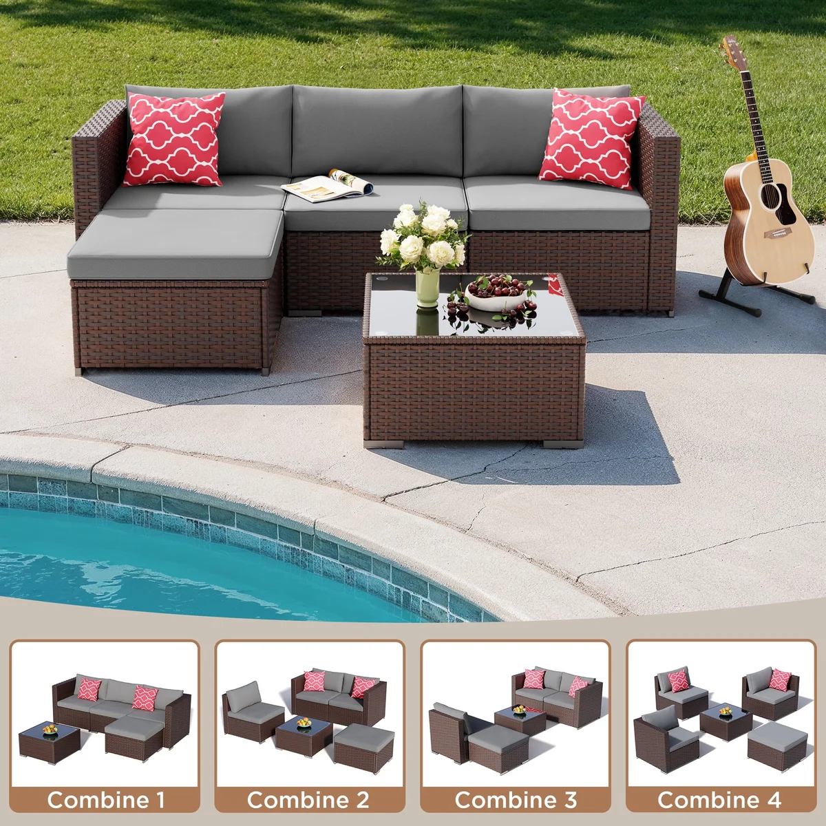 Asofer 5 PCS Outdoor Sectional Sofa Set PE Wicker Rattan Patio Furniture Set with a Glass Coffee Table for Backyard Porch Poolside Patio,Gray 2058