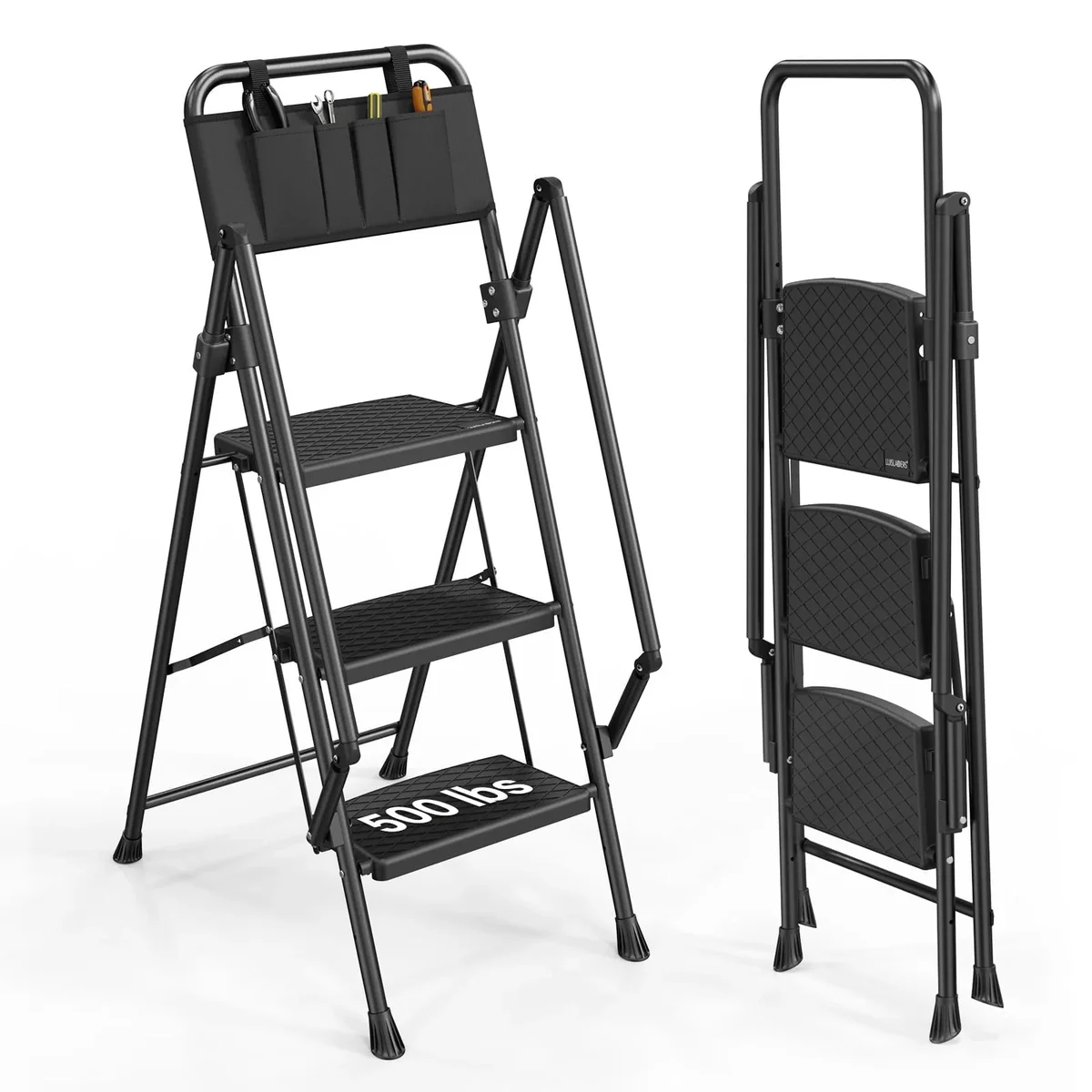 LUISLADDERS 3 Step Ladder with Handrails, Folding Step Stool with Widened Anti-Slip Pedal, 500lbs Lightweight Step Ladder 3 Step Folding, Multi-u 2736