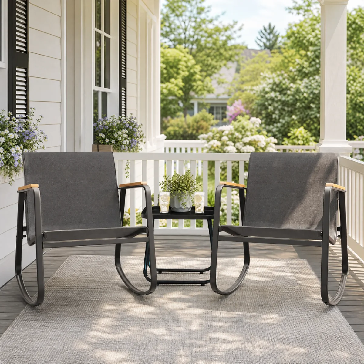 Asofer 3 Pieces Rocking Sets,Bistro Patio Furniture with 2 Outdoor Rocking Chairs and 1 Glass Coffee Table for Porch Deck Lawn,Poolside, Porch, L 6865