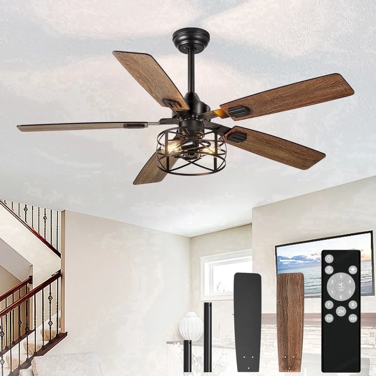 Depuley 52-Inch Caged Ceiling Fans with Lights: Dual Finish 5 Black Walnut Blades Hanging Fan - Rustic Ceiling Fan with Remote Control for Farmho 0381