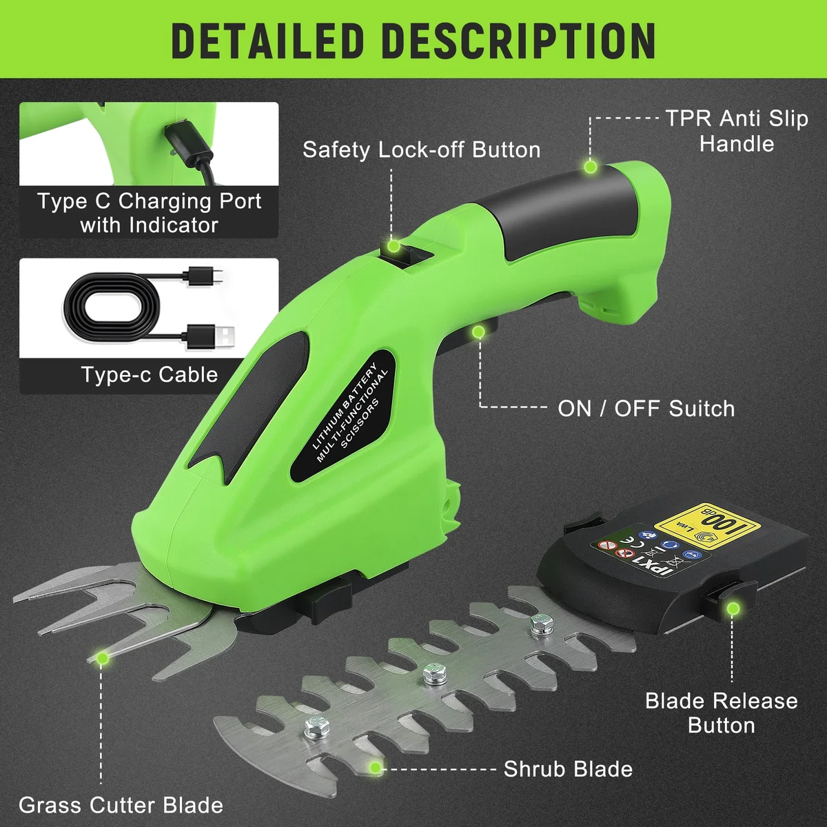 RELOIVE Hedge Trimmer Cordless,2-in-1 Cordless Grass Shears,7.2V Electric Shrub Trimmer with 2.0 Ah Battery,Green 6951