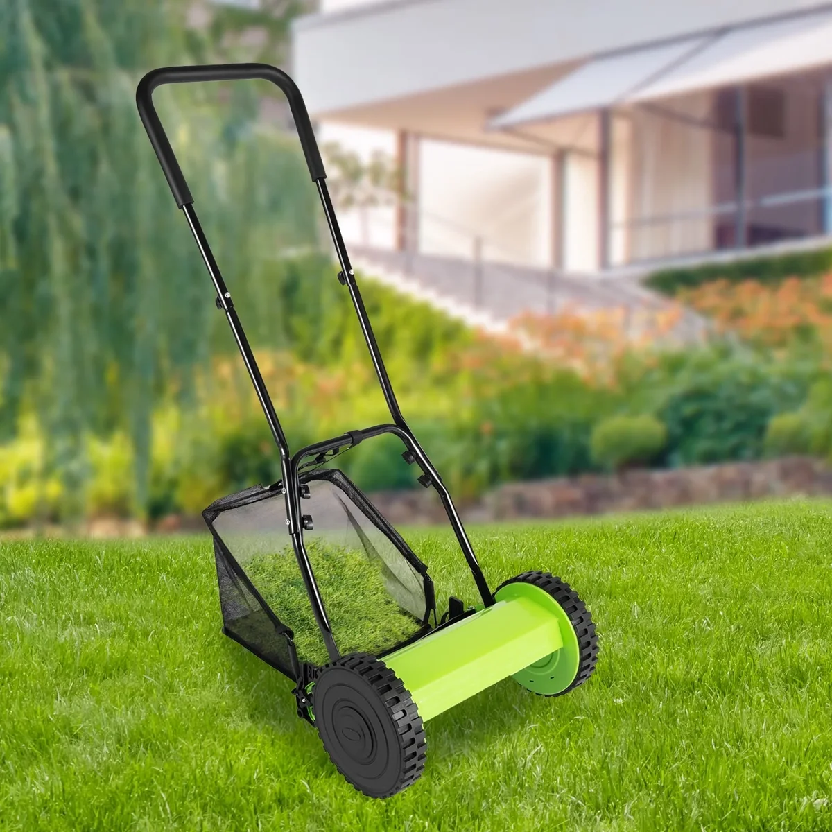 Hesries 12 Inch Manual Push Reel Lawn Mower, No-Power Grass Cutter With Grass Catcher For Small Yard And Lawn Maintenance 7851