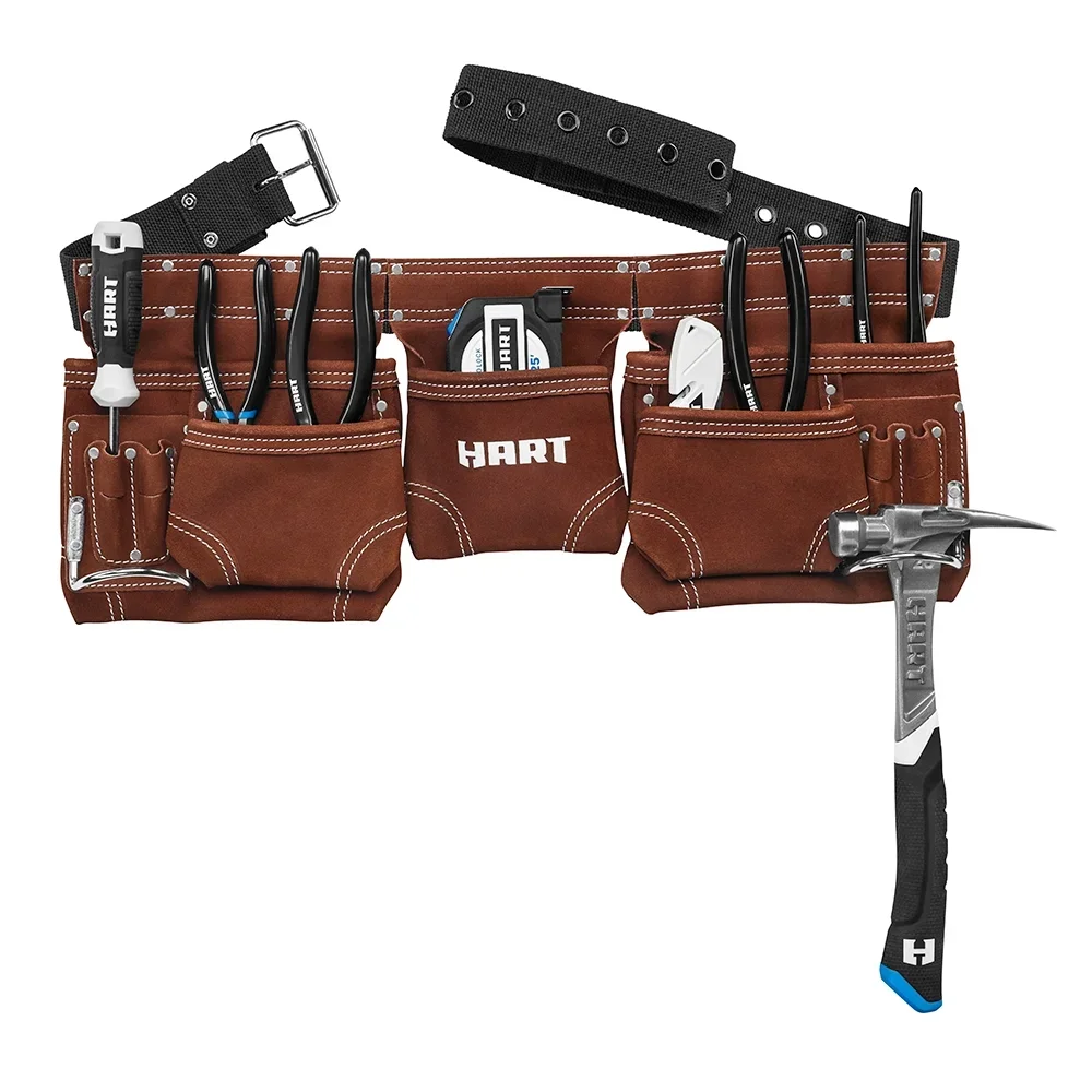 HART 11-Pocket Double-Stitched Suede Brown Leather Tool Belt up to 52-inch Waist 2409