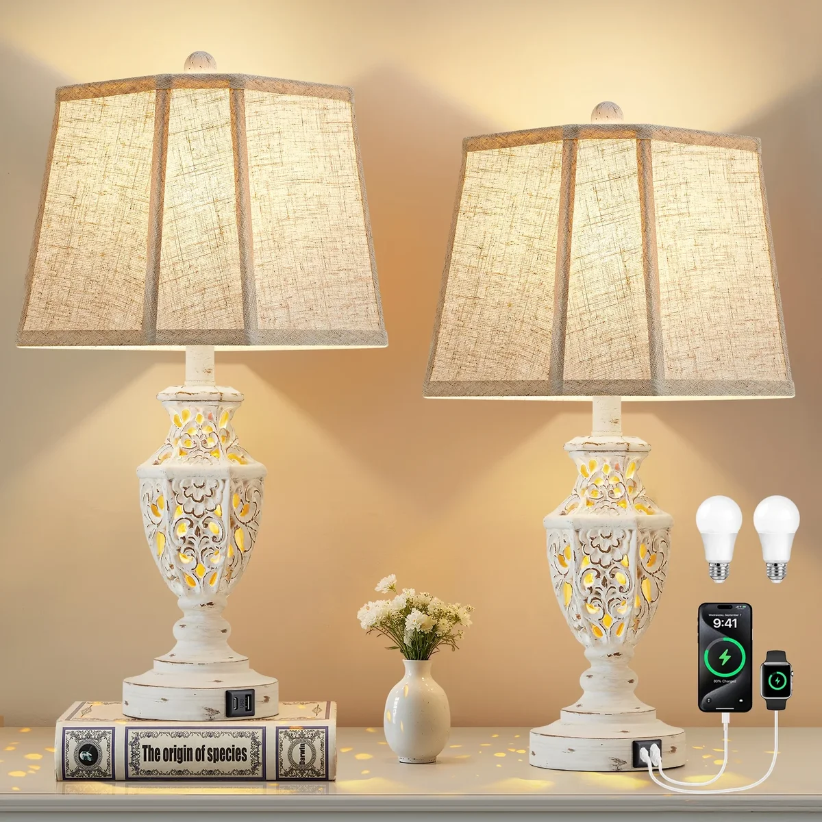 NATYSWAN Table Lamps Set of 2, 23.5"Bedside Lamp with USB A+C and Nightlight, Cream Modern Resin End Lamps for Bedroom Living Room 0824