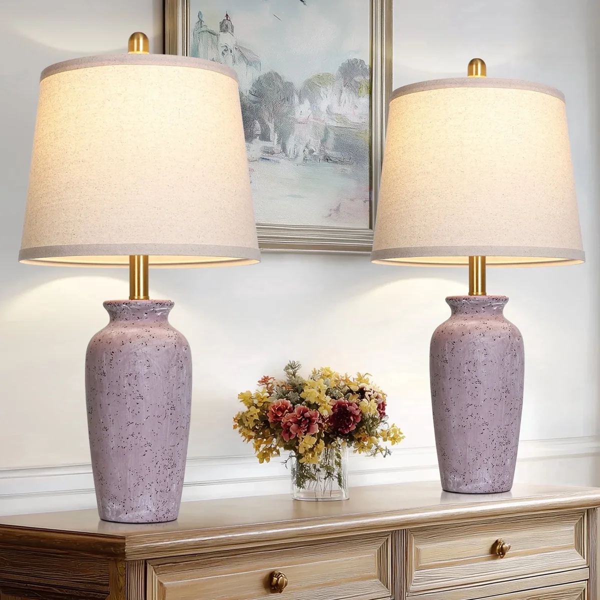 Everdaily Essentials 24.5" Purple Ceramic Jar Table Lamps Set of 2, Farmhouse Bedside Lamps with Oatmeal Fabric Shade for Bedroom Living Room 1357