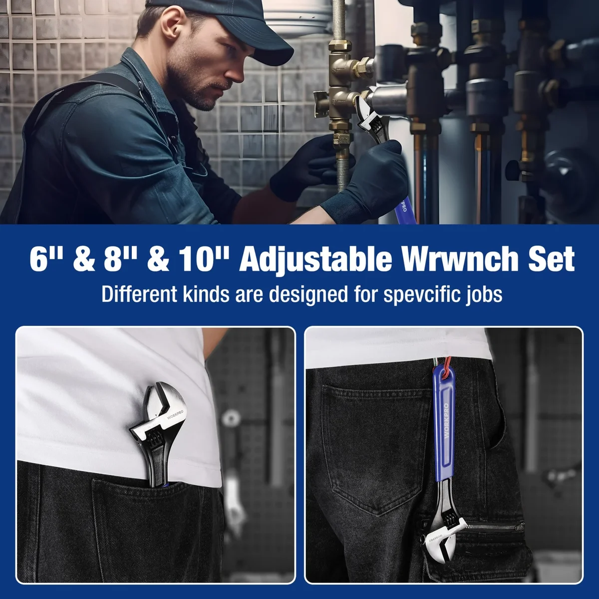 Everdaily Essentials 3-Piece Adjustable Wrench Set, 6in, 8in & 10in Wrenches with Ergonomic for Home, Garage, Workshop Ref. 0799