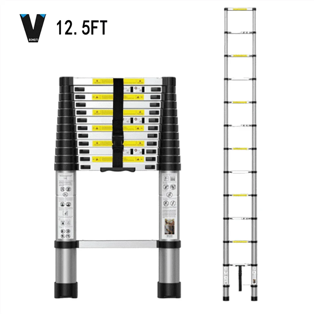 BOWEITI 12.5 ft TELESCOPIC LADDER, ALUMINUM FOLDABLE WITH NON-SLIP FEET, LIGHT RV COMPACT LADDER, HOME, OUTDOOR, 330 LB CAPACITY EXTENSION LADDER 3376
