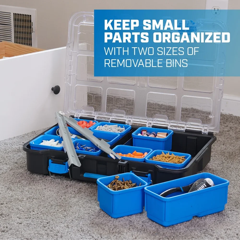 HART Stack System Small Parts Organizer with Removable Bins, Black with Blue Accents 8514