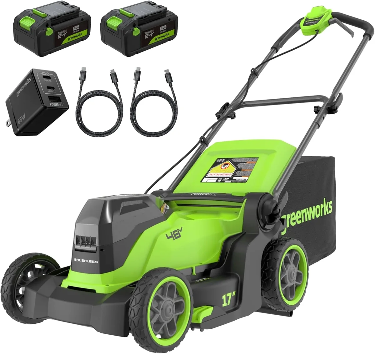 Greenworks 48V (24V x 2) 17" Brushless Cordless Push Lawn Mower, Includes (2) 4.0Ah Batteries and Dual Port Rapid Charger (200+ Compatible Tools, 1150