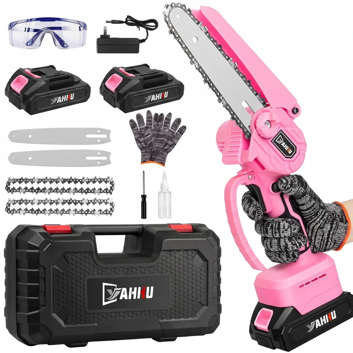 YAHHU 6 inch Lovely Pink Mini Chainsaw, Portable Handheld Electric Cordless Chainsaw,21V Battery,New 3702