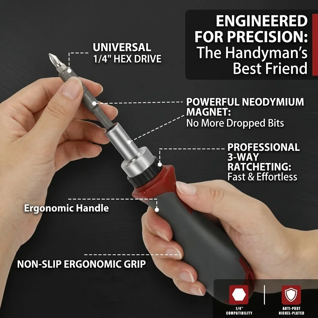 Everdaily Essentials Ratcheting Multi-Bit Screwdriver Set, 40 Bits, 60mm Extension Bar, 1/4’’ Magnetic Driver Handle, 40 Bits- Torx, Slotted, Phillips, Square，H Ref. 3126