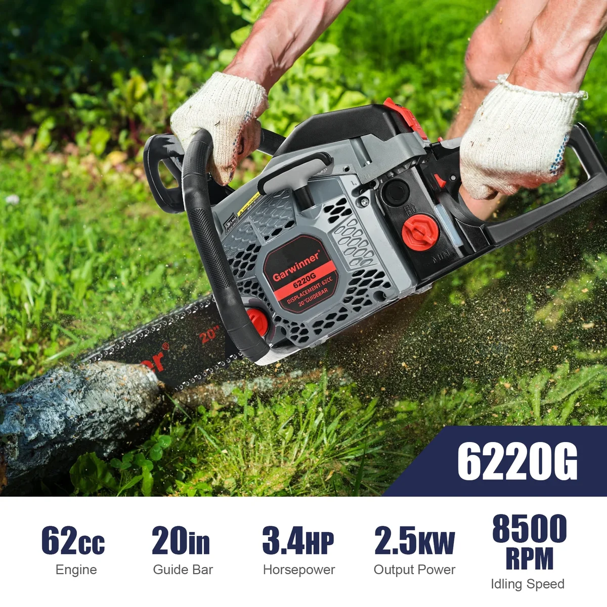 Garwinner Gas Chainsaw 20'' 2-Stroke 62CC Cordless Chainsaw 6220G for Farm, Garden, Ranch, Cutting Wood/Firewood 7405