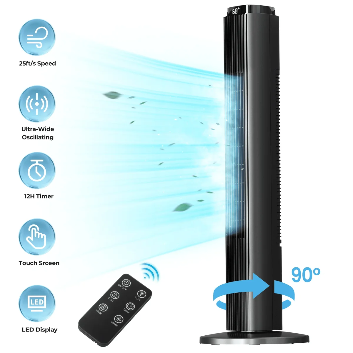 KISSAIR 37" Tower Fan with Remote, 6 Speeds, 4 Modes, LED Display, 12H Timer, 90° Oscillating, Bladeless Quiet Fan for Bedroom, Home & Office, B 6690