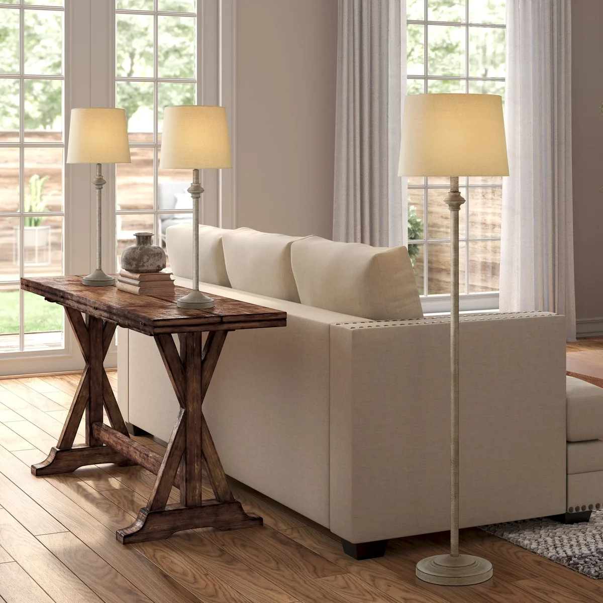 Everdaily Essentials Carter Rustic Farmhouse 3 Piece Table Floor Lamp Set Beige Metal Cream Fabric Tapered Drum Shade for Living Room Bedroom Office House Ref. 4206