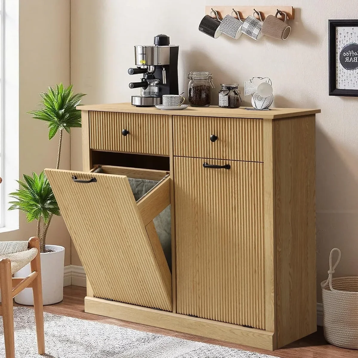 Haverchair Double Tilt Out Laundry Hamper Cabinet, Modern Fluted Trash Can Cabinets with Drawer, Wooden Hidden Garbage Cabinet for Kitchen and Ba 0486