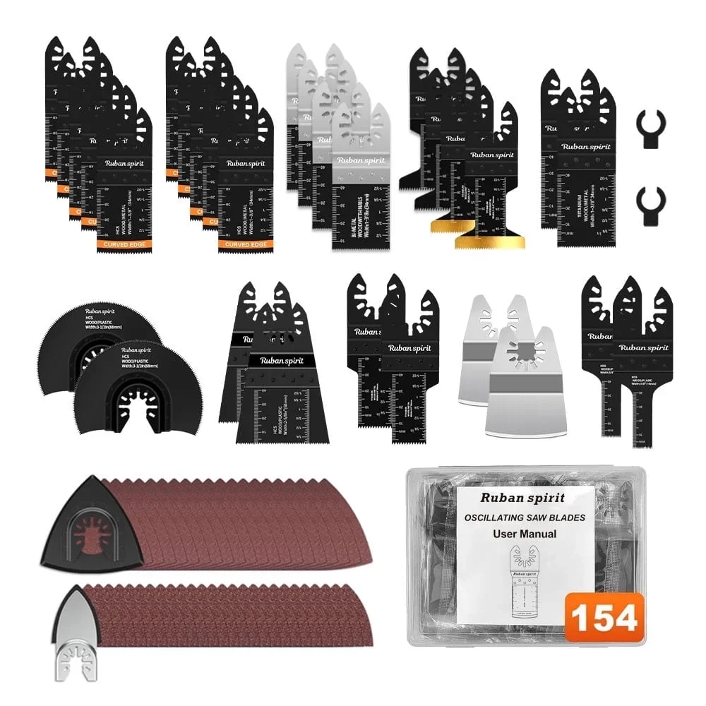 Ruban Spirit 154pcs Oscillating Multi Tool Blade Kit Titanium Bi-Metal Oscillating Saw Blade for Metal Wood Plastics, Quick Release Blade Fit Dew 4157