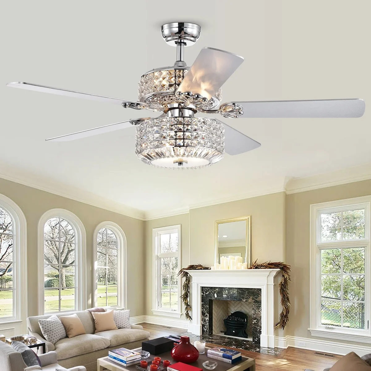 Everdaily Essentials Walter Dual Lamp Chrome 52-inch Lighted Ceiling Fan w Crystal Shades (includes Remote and Light Kit) 5937