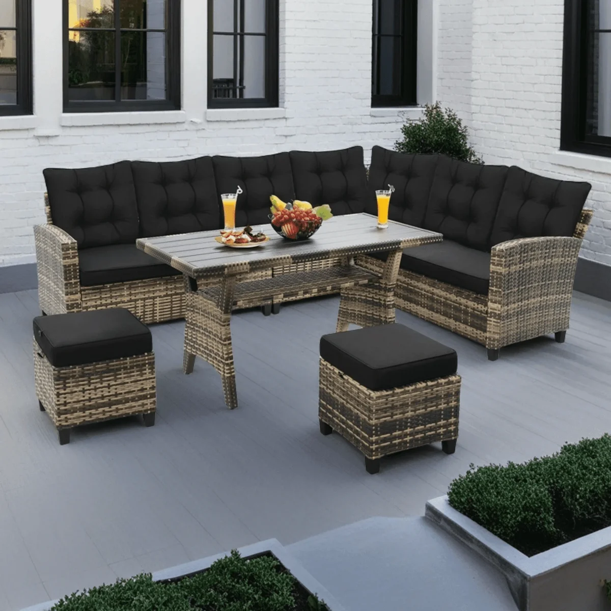 LOGYAT 6 Piece All Weather Outdoor Sectional Set, with 2 Sofas, 2 Ottomans with 1 Table, Patio Conversation Furniture for Deck, Garden, Natural W 1751
