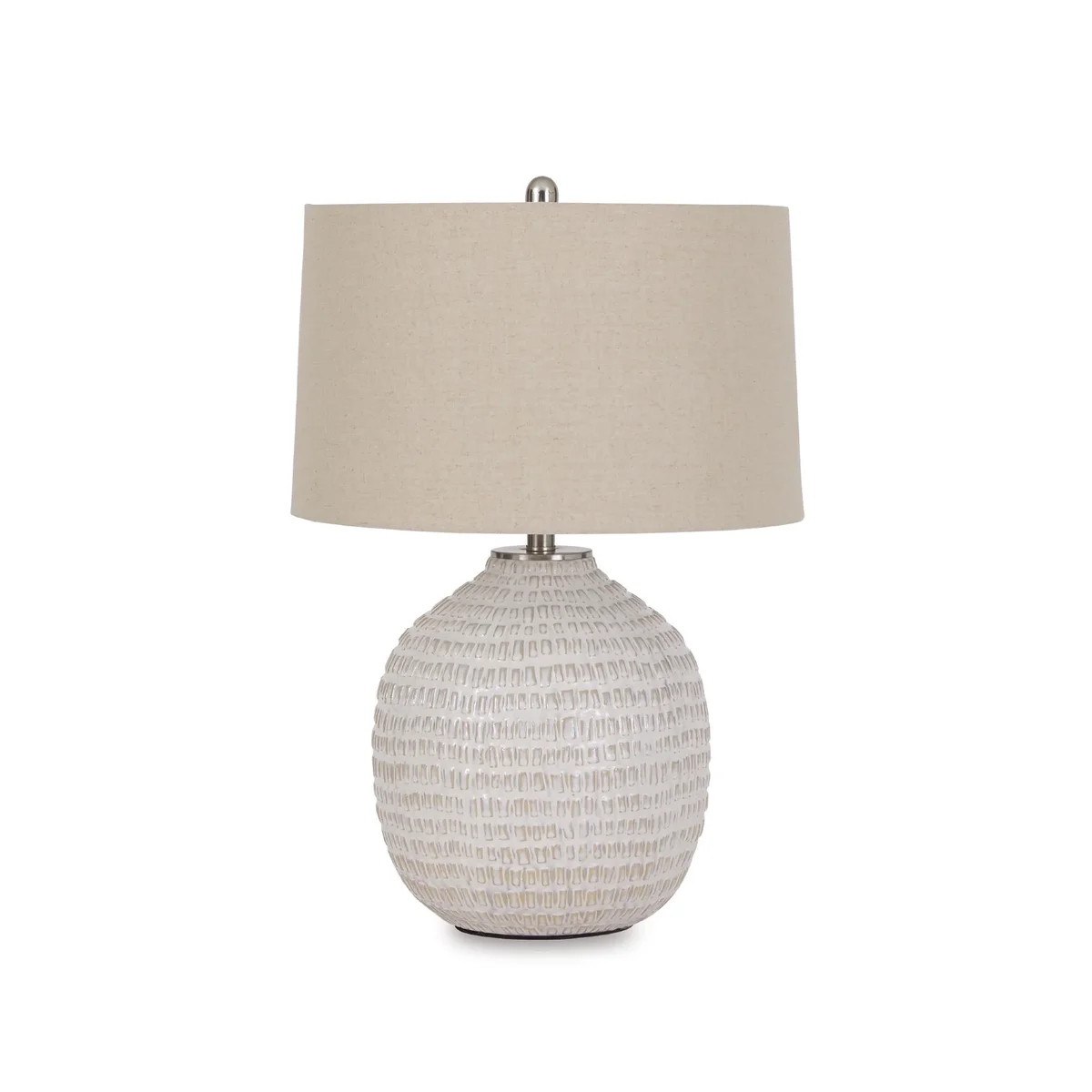 Signature Design by Ashley Jamon Ceramic Table Lamp, Beige, Textured Accent Lamp with Fabric Drum Shade and 3-Way Switch 4733
