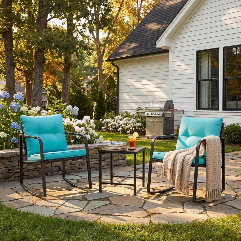 Vineego 3 Pieces Patio Conversation Sets Outdoor Rocking Chair PE Rattan Bistro Rocker with Coffee Table, Blue 9986
