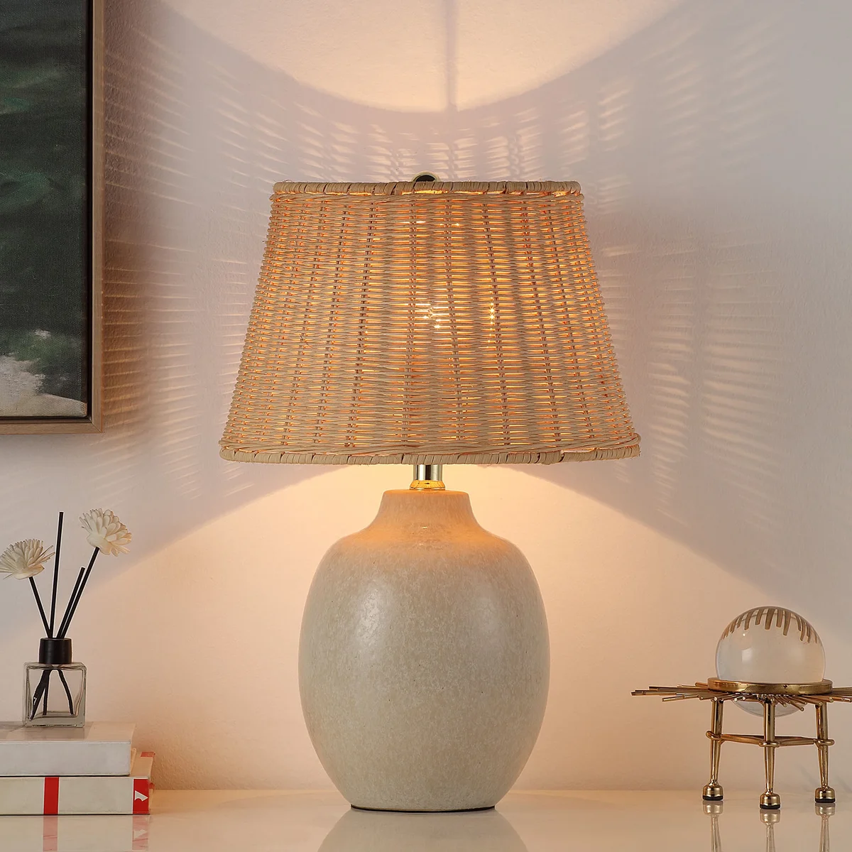 Better Homes & Gardens Cream Ceramic Table Lamp with Rattan Shade, 18 Inches 4678