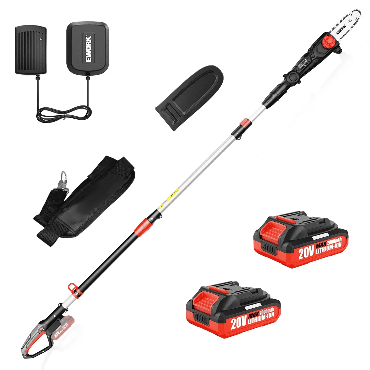 EWORK Electric Pole Saws for Tree Trimming 20V 8-Inch Cordless Pole Chainsaw, Extension to 14.8-Ft, 4-Angle Adjustable Head, Tool-Free Tensioning 6798