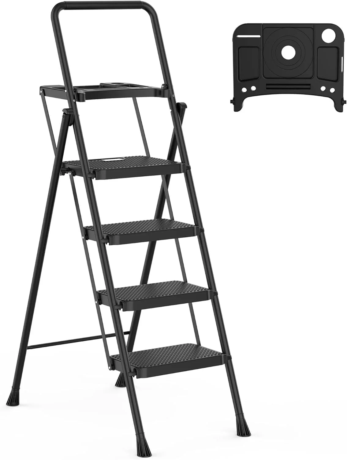 HBTower 4 Step Ladder with Tool Tray, Folding Step Stool with Wide Anti-Slip Pedal, Sturdy Steel Ladder, Convenient Handrail, Lightweight, Portab 8618