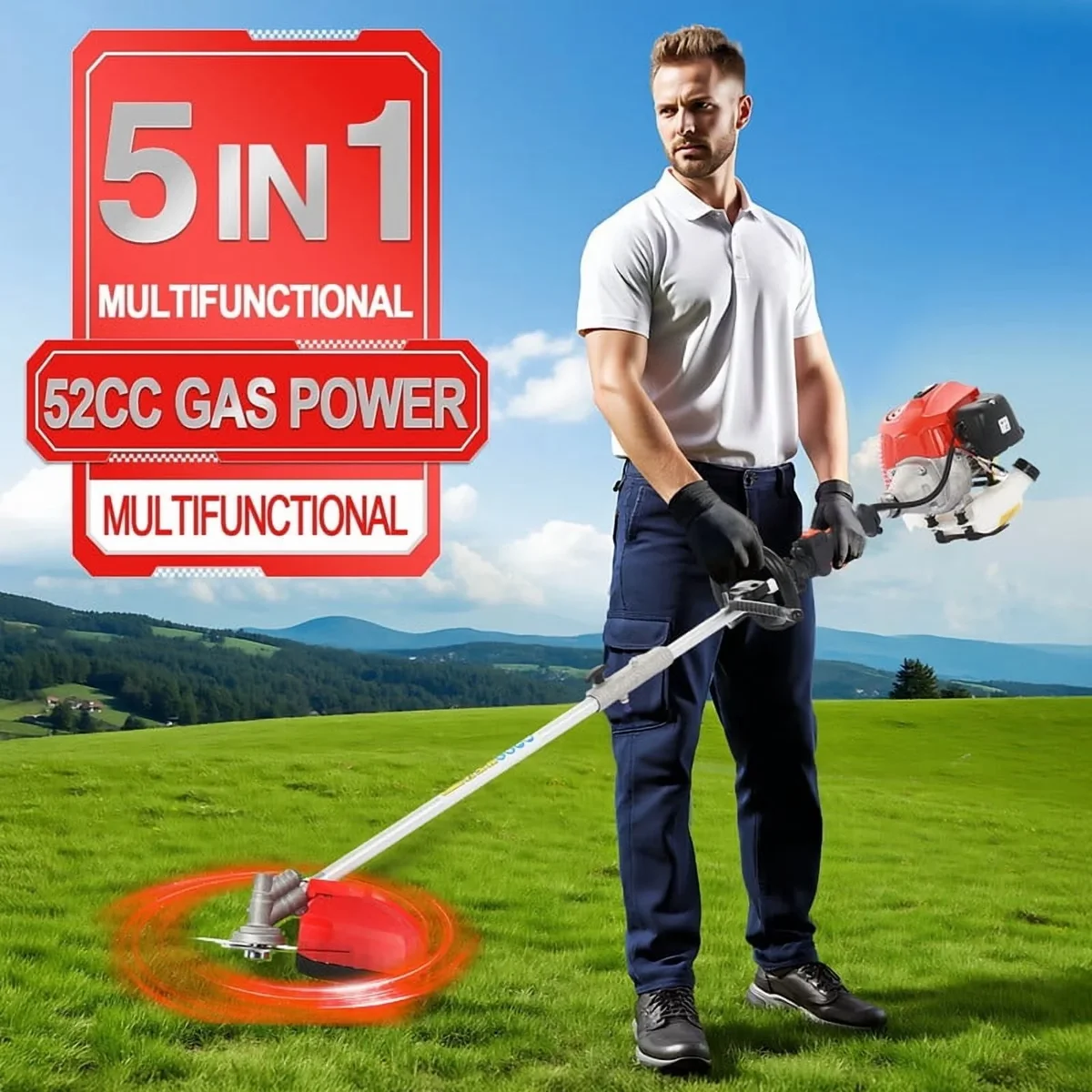 WETS 52CC 2-Cycle Gas Weed Wacker, 5 in 1 Gas Weed Eater, 2025 Upgraded Weed Eater Gas Powe, 9500rpm High Power Gas String Trimmer, Brush Cutter for Y 0103
