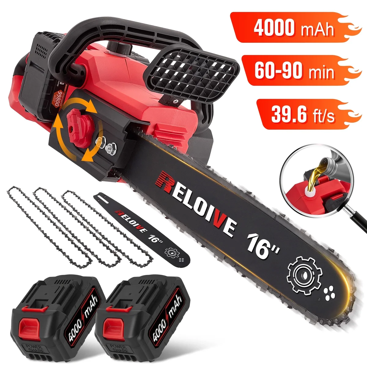 RELOIVE 16" Brushless Cordless Chainsaw, 42V 4000mAh with 3 Chains & Dual Chargers for Heavy-Duty Tree Cutting 0707