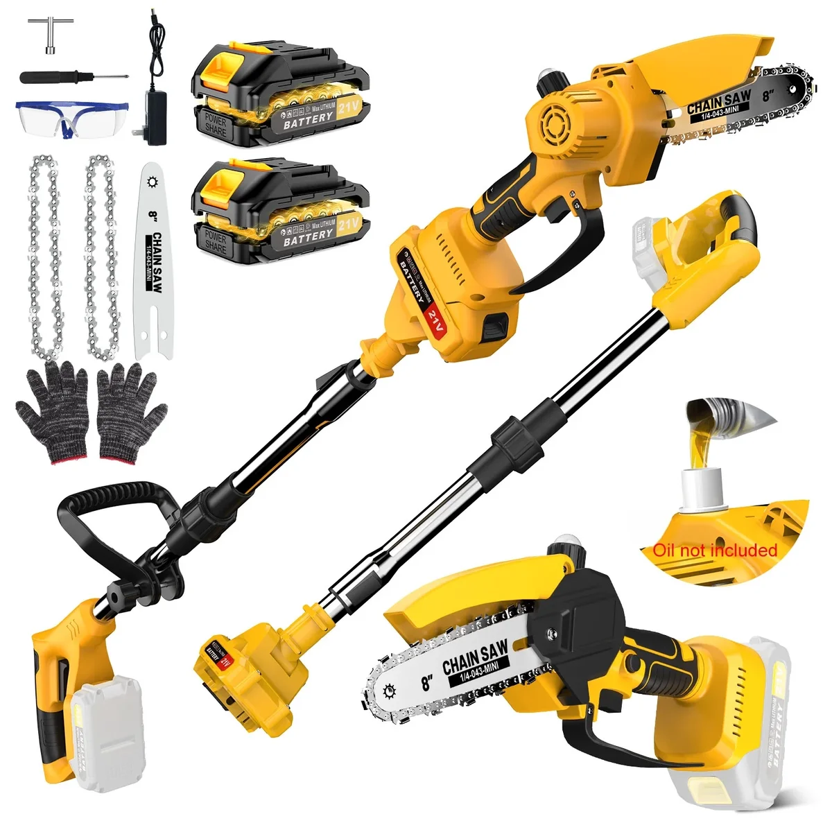 Tanbaby Cordless Pole Saw, 8 Inch Brushless Mini Chainsaw with Extension Pole, with 2 x 3.0Ah Battery for Trimming Tree Limbs, Ideal Gift for Men 6304