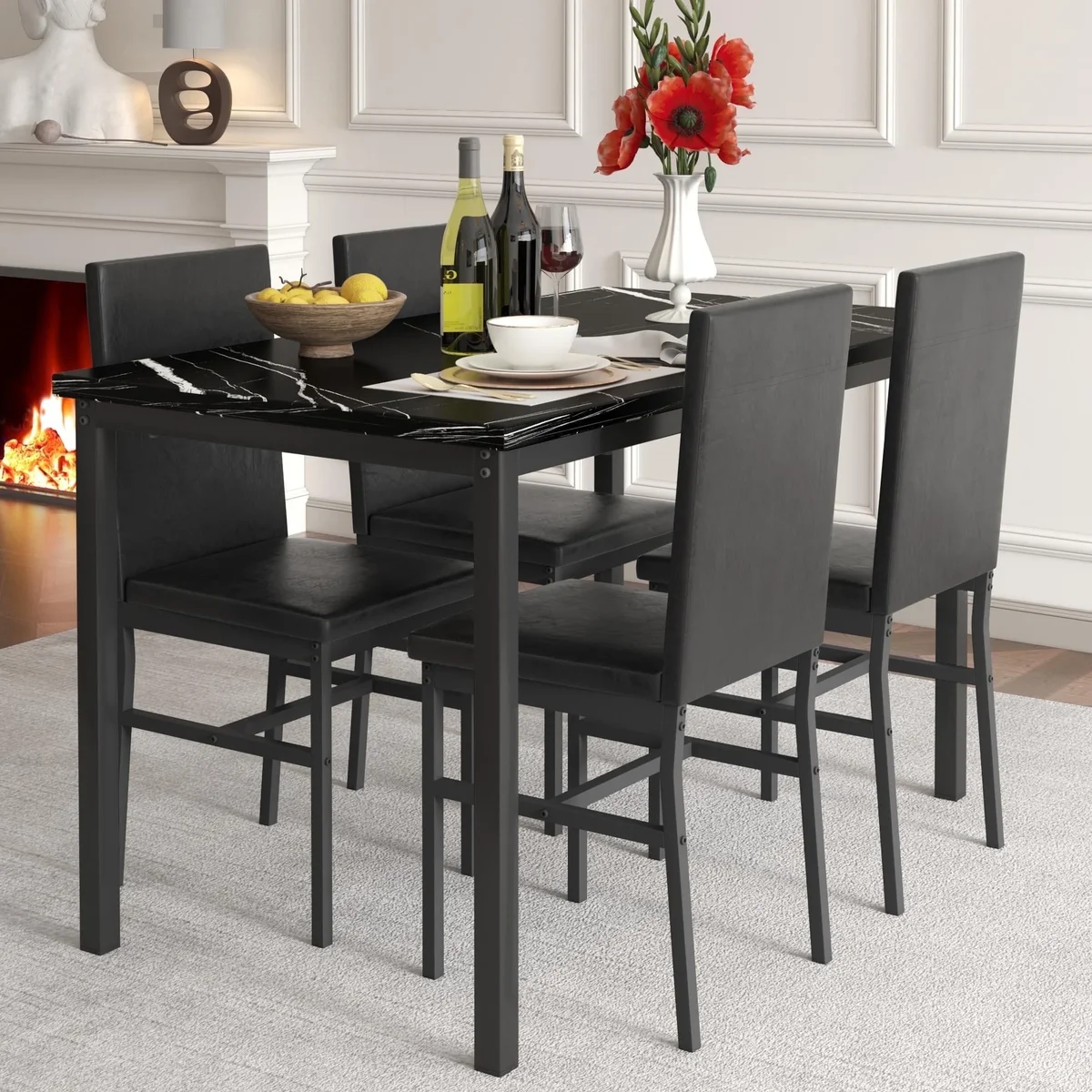 Segmart 5 Piece Dining Table Set, Modern Faux Marble Tabletop and 4 PU Leather Upholstered Chairs, Rectangle Kitchen Table and Chairs for 4 Persons, Smal 0934