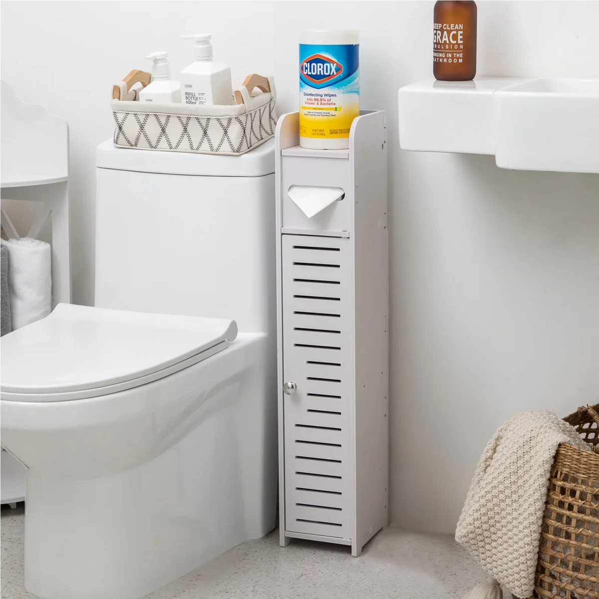 AOJEZOR Toilet Paper Holder Stand,Small Bathroom Storage Cabinet for Toilet Paper Storage, Toilet Paper Stand Waterproof for Small Spaces,White by AOJEZO 5216