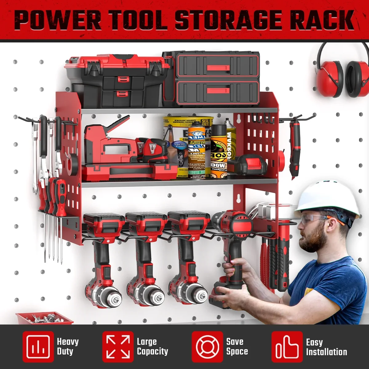 SUNALLY Power Tool Organizer, 3 Layers Drill Holder Wall Mount with 2 Side Pegboards, Heavy Duty Tool Storage Rack for Garage, 150Lbs Load Capaci 7023