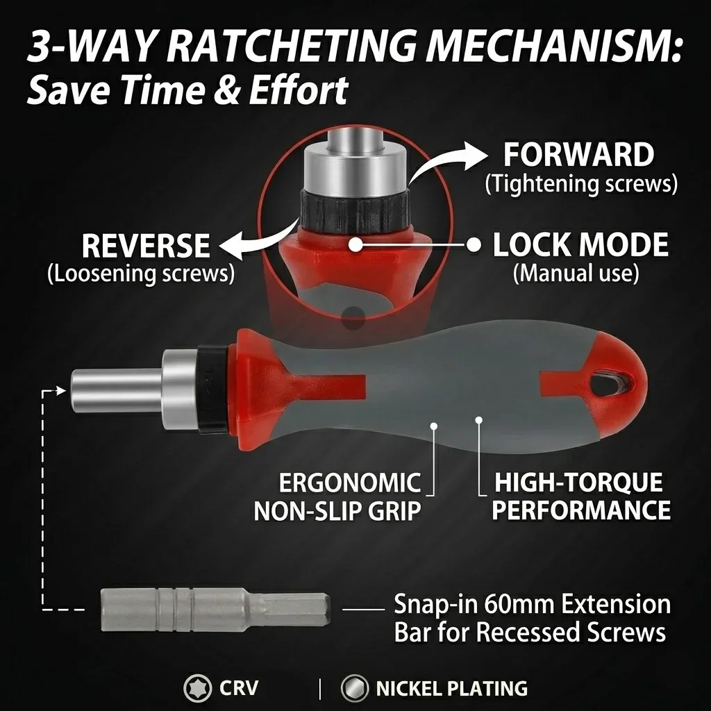 Everdaily Essentials Ratcheting Multi-Bit Screwdriver Set, 40 Bits, 60mm Extension Bar, 1/4’’ Magnetic Driver Handle, 40 Bits- Torx, Slotted, Phillips, Square，H Ref. 3126
