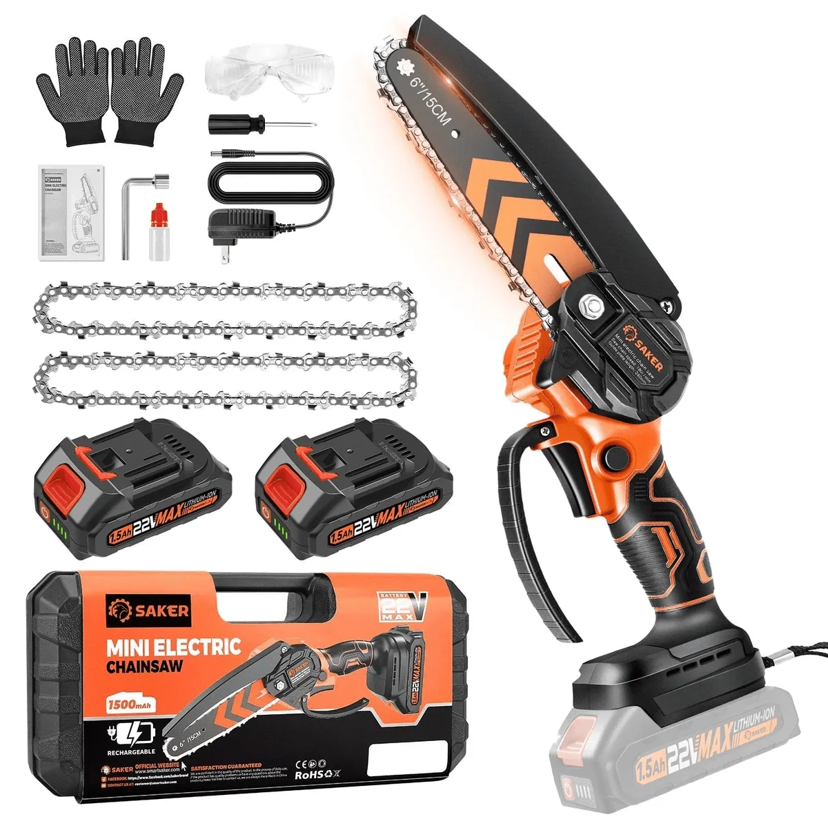 Saker Handheld Mini Chainsaw, 6-Inch Electric Chainsaw for Tree Trimming, Wood Cutting, Portable & Cordless, Includes 2 Chains & 2 Batteries, Ora 4877