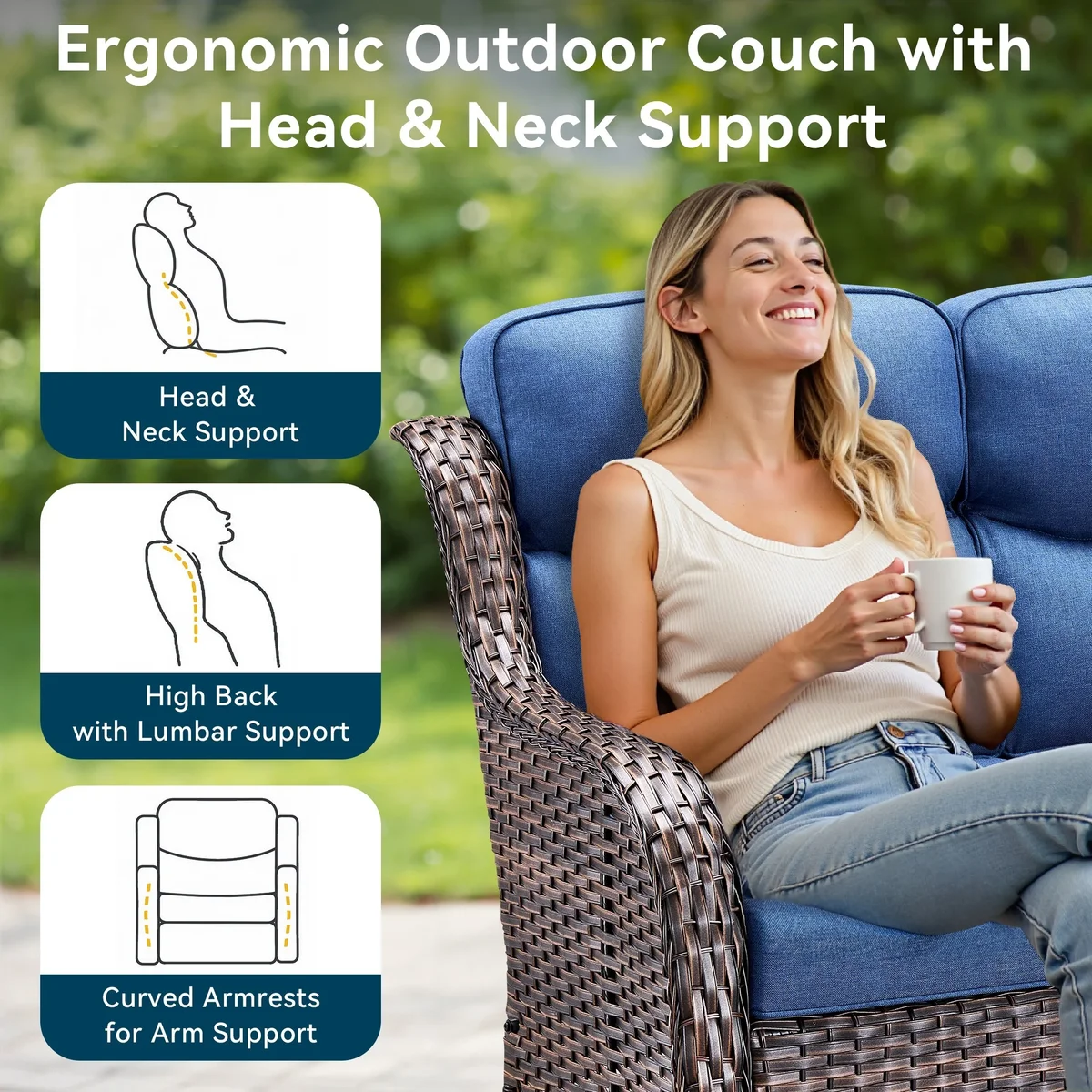 Unnifurnzi Outdoor Sofas All Weather Wicker Outdoor Couch with 6 Inch Thick Cushions Outdoor Furniture Couch for Porch Poolside Balcony-Brown/Blu 7831
