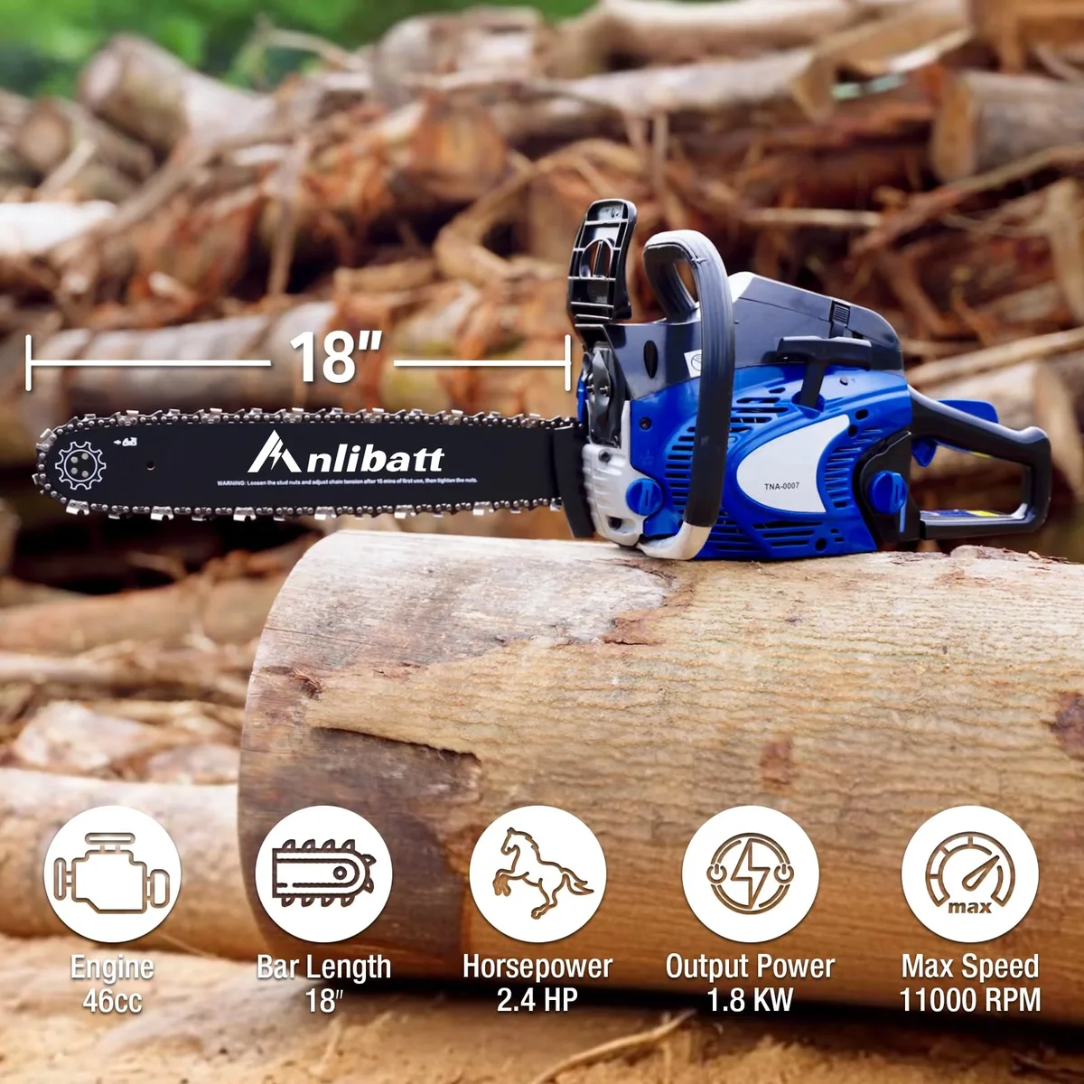 ANLIBATT Gas Chainsaw 18" 46cc 2.4HP 2-Cycle Gasonline Powered Handheld Cordless Chain Saw Petrol Automatic Oiler for Farm Garden Trees Wood Cutt 0938