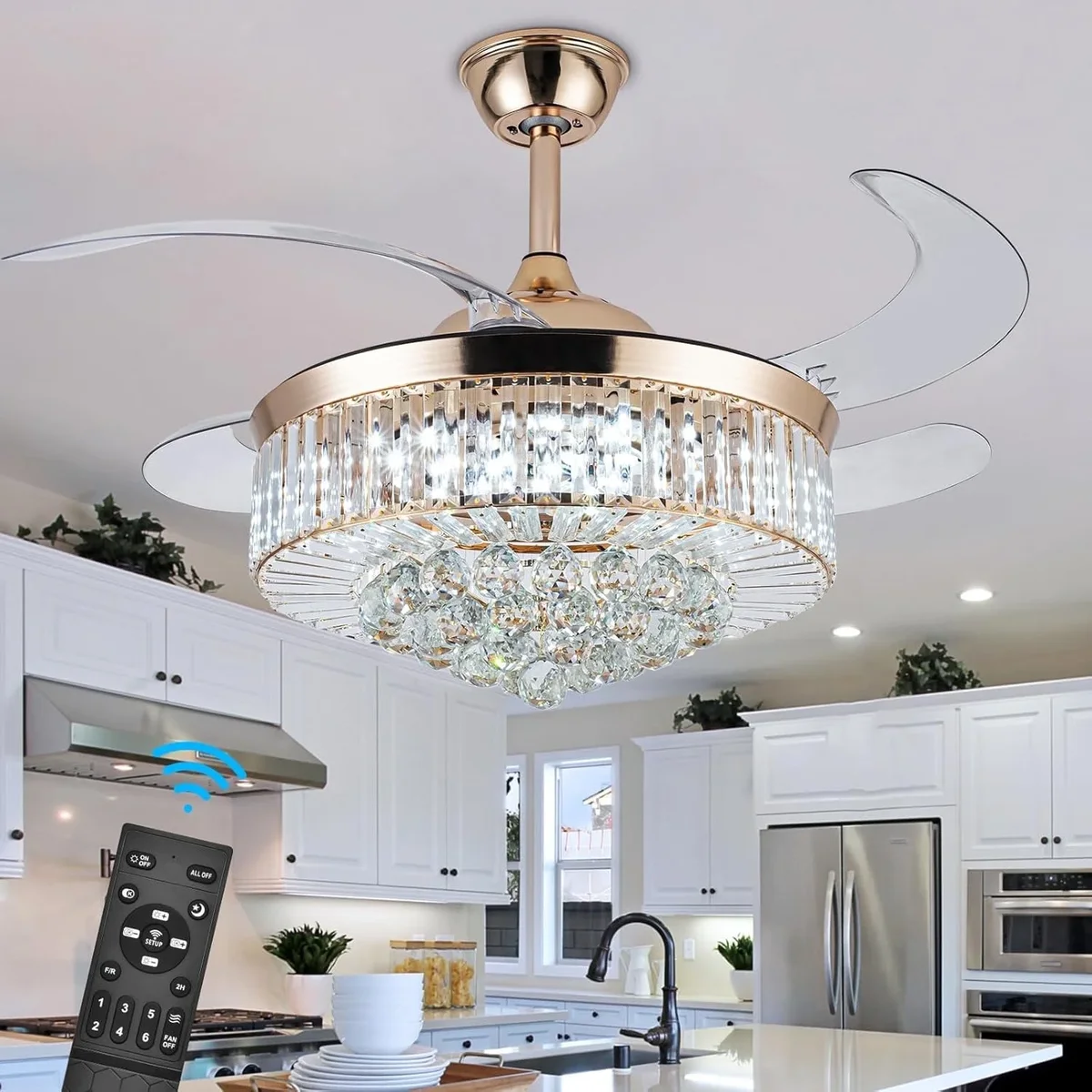 Datingday 42 Inch Crystal Ceiling Fan Golden Crystal Ceiling Fan Chandelier with Remote 6 Speeds 3 Colors Changes Lighting Fixture, 4 Blades Retr 8462