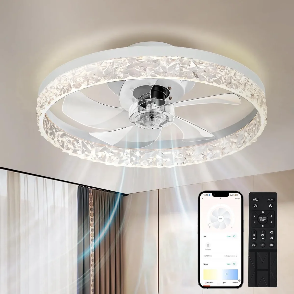 Everdaily Essentials 20" Smart Ceiling Fan with Light, 6-Speed Quiet DC Motor, Stepless Dimming LED (3000K-6500K), APP/Remote, Flush Mount for Bedroom, Living Room, O 5570