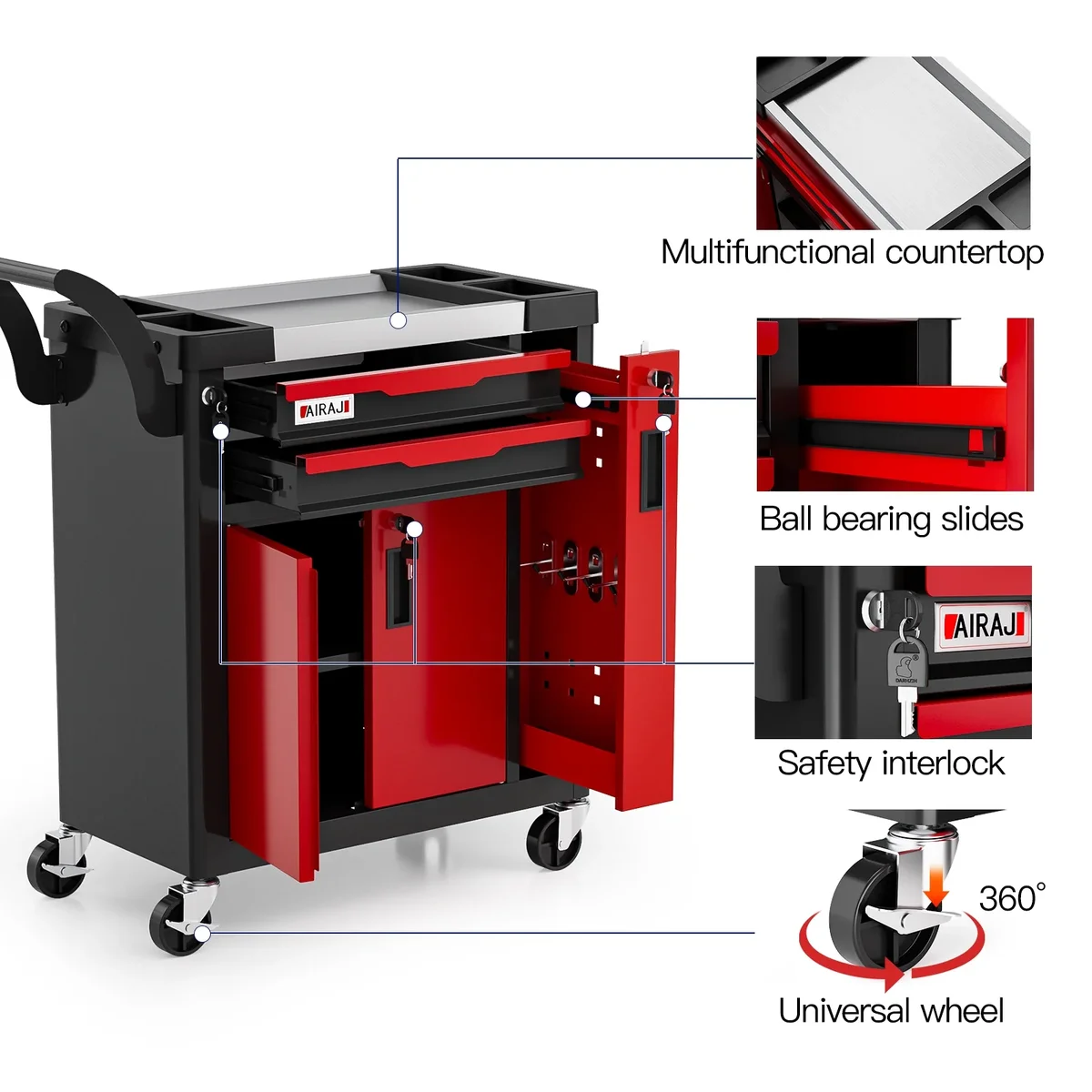 Airaj 2-Drawer Rolling Tool Chest with Lock, Large Mobile Tool Cart & Cabinet for Garage Workshop Storage, Heavy-Duty Red 0592
