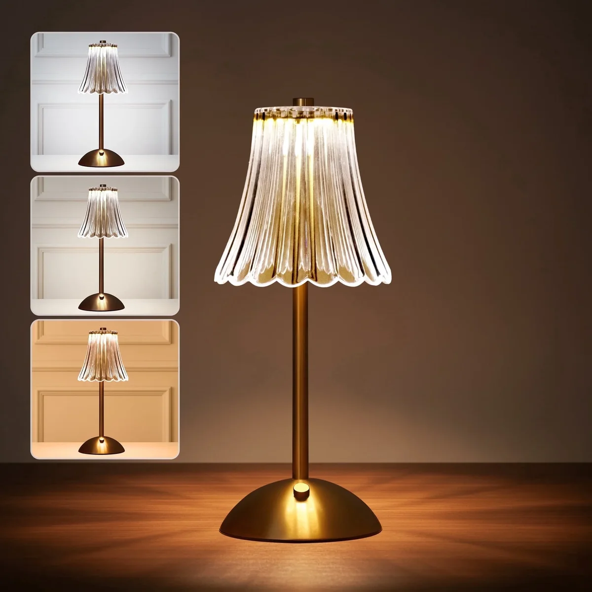Everdaily Essentials Cordless Table Lamp, 12" Brass Rechargeable Cute Desk Light with Glass Shade, 3 Colors Dimmable Touch Lamp for Modern Office Home Decor 3651