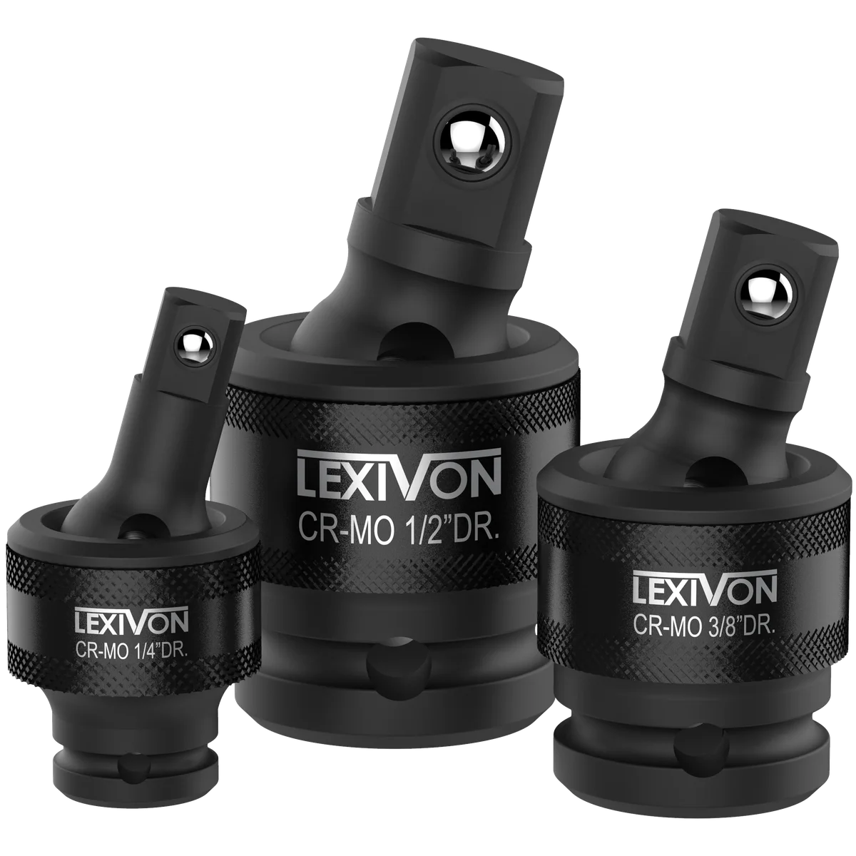LEXIVON Premium Impact Universal Joint Socket Swivel Set | 3-Piece Ball Spring Design 1/2", 3/8", and 1/4" U-Joint Drive | Cr-Mo Steel - Full Imp 3503