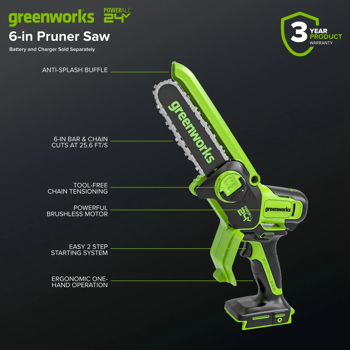 Greenworks 24V 6” Brushless Pruner Saw Tool Only 6838