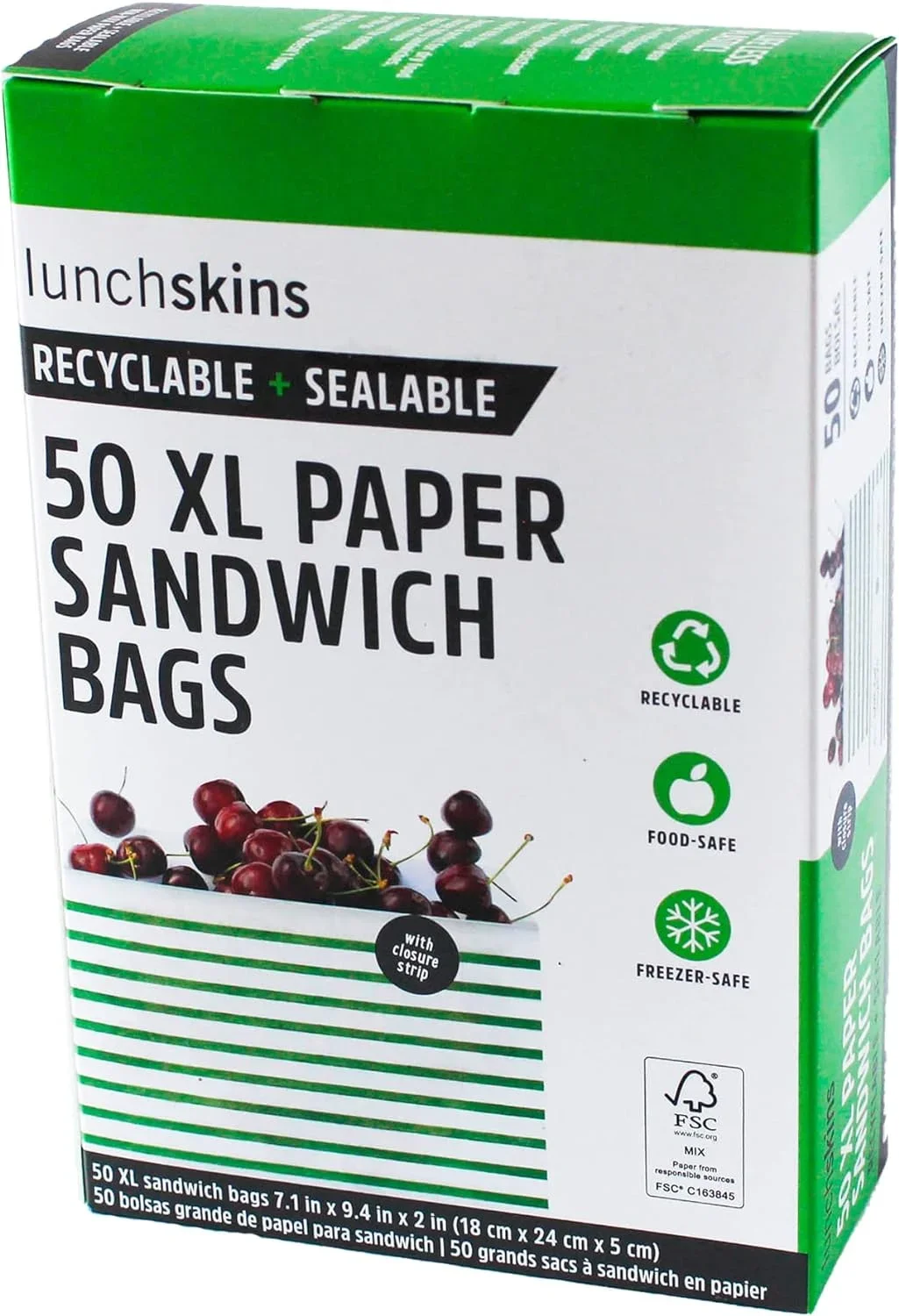 Lunchskins Recyclable & Sealable XL Sandwich Bags – 50 Count | Stripe Design | Eco-Friendly Food Storage Bags Made from Grease-Resistant Glassi 5198