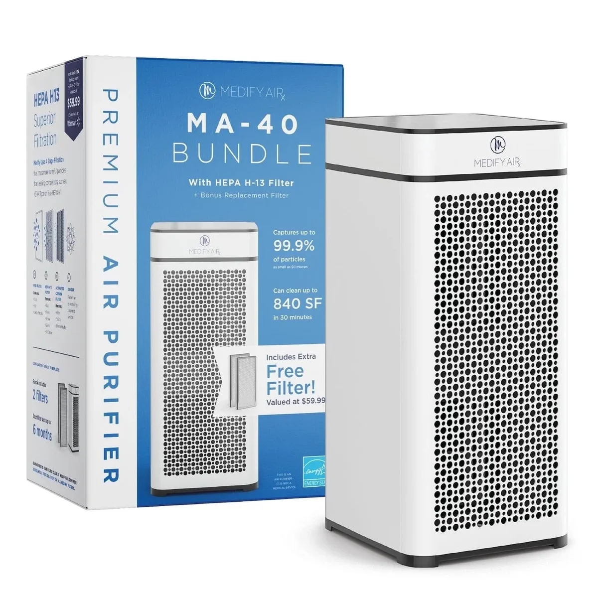 Medify Air White MA-40 Air Purifier w/ HEPA Filters I Smoke Dust Odors Pet Dander 3 in 1 w/ Pre-filter HEPA H13 & Activated Carbon I Removal of 0 5780