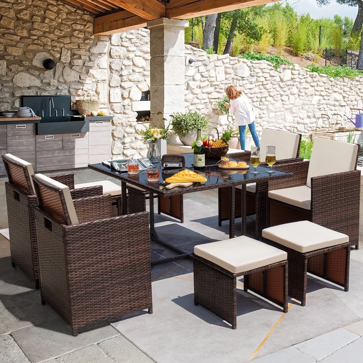 Homall 9 Pieces Outdoor Dining Sets Patio Rattan Conversation Set Space Saving Wicker Chairs with Glass Table,Beige 7531