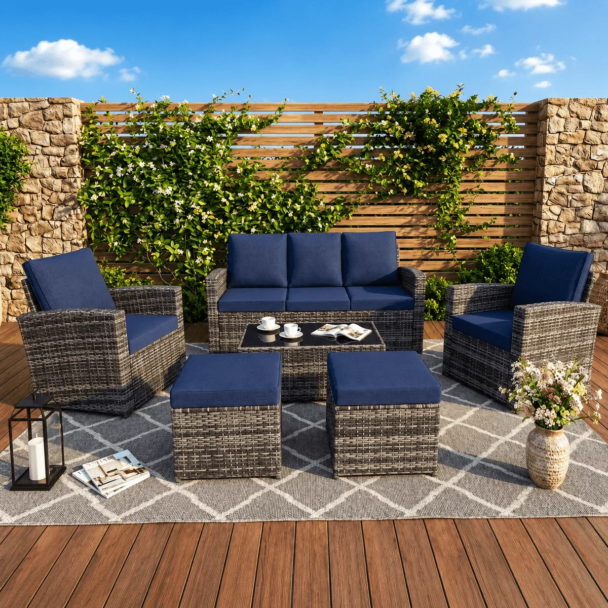 Seizeen Patio Furniture Set on Sale, 6-PCS Outdoor Sectional Sofa Table Set with Ottomans, PE Rattan Wicker Conversation Set with Cushions for 5  2520