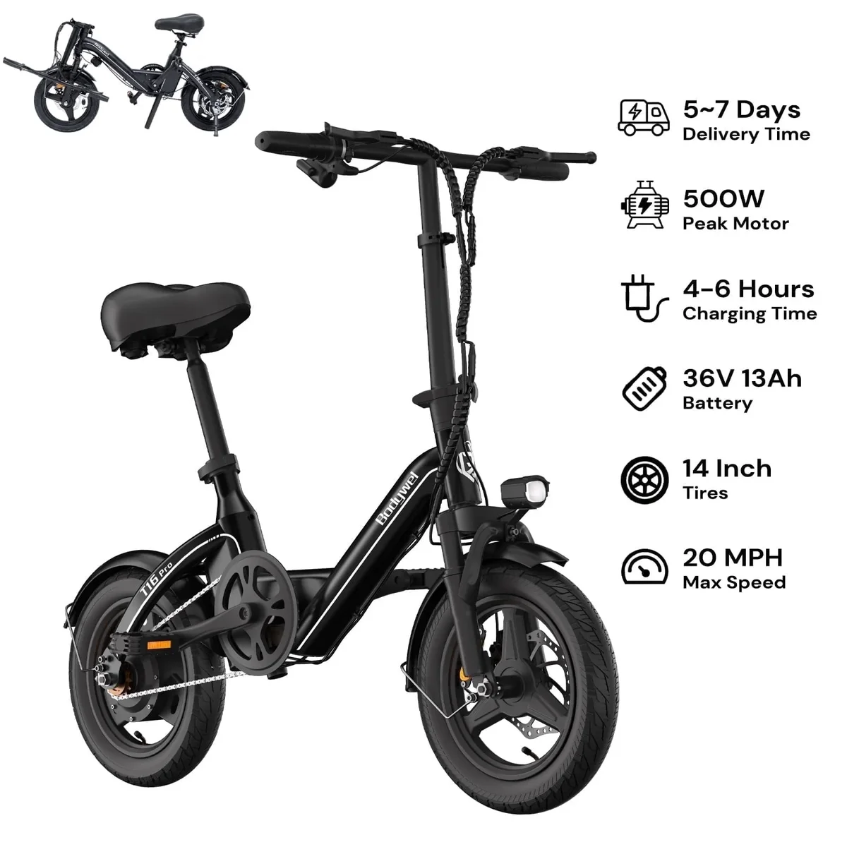 Bodywel Electric Bike for Adults, Electric Bicycle with 36V 10Ah Battery, 14" Folding Ebike, Peak 500W Motor, Mini E Bikes for Urban Commuter, UL 9437