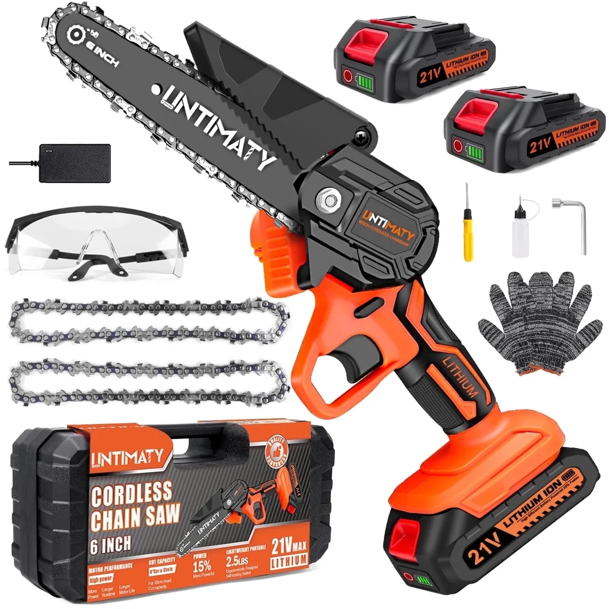 UNTIMATY 6 inch Mini Chainsaw with 2 Batteries and Case Cordless Electric Handheld Chain Saw Battery Powered for Wood and Tree Branches, Orange 6362